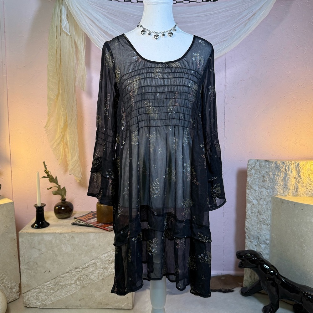 O’Neill sheer black boho dress floral babydoll flowy medium
